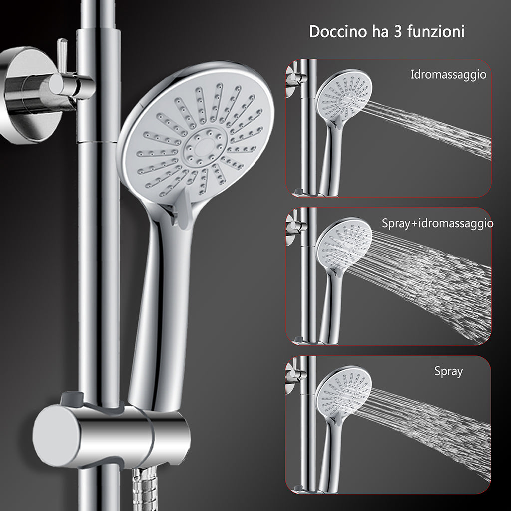 Colonne doccia cromo, soffione doccia rotondo da 25cm acciaio inox, miscelatore termostatico doccia tondo antiscottature