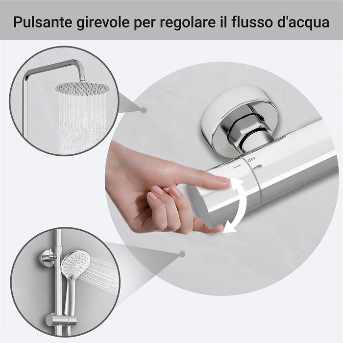 Kit doccia con miscelatore termostatico, soffione rotondo da 20cm, doccetta tonda 23x10.8cm, colonna doccia regolabile 75-125cm, cromo