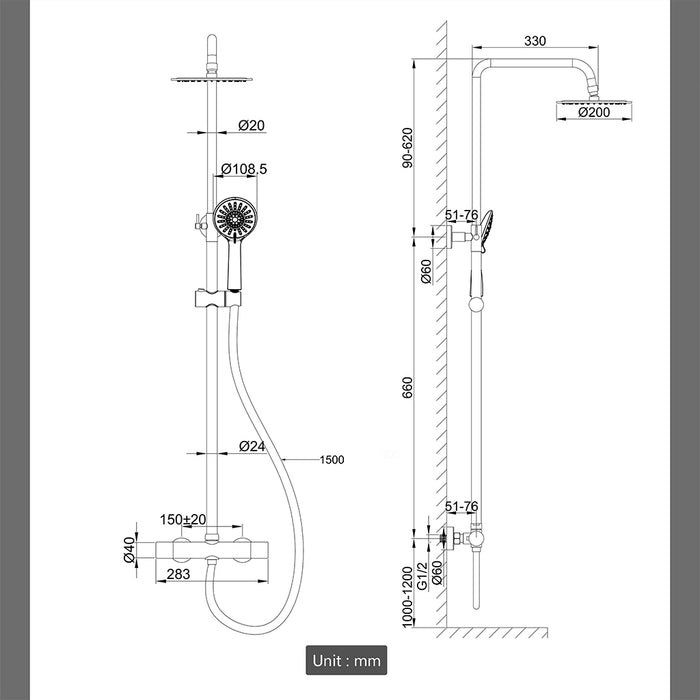 Kit doccia con miscelatore termostatico, soffione rotondo da 20cm, doccetta tonda 23x10.8cm, colonna doccia regolabile 75-125cm, cromo
