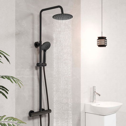 Colonna doccia termostatico finitura nera matte, cartuccia in ottone, materiale inox AISI 304, rubinetteria bagno moderna