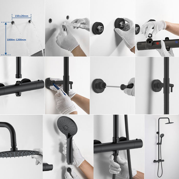 AICA Colonna doccia a ponte con soffione circolare 20x20cm, sistema doccia con miscelatore, nero opaco