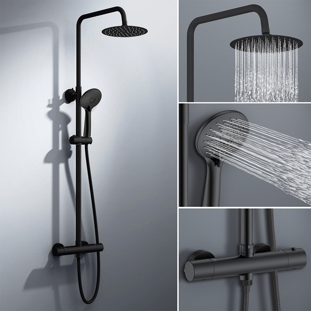 colonna doccia rotonda completo di miscelatore termostatico cilindro, soffione rotondo 20x20cm, nero