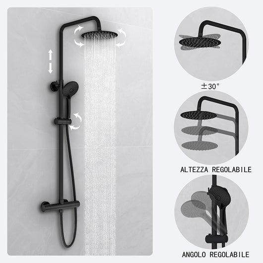Kit doccia con miscelatore termostatico, soffione rotondo da 20cm, doccetta tonda 23x10.8cm, colonna doccia regolabile 75-125cm, nero