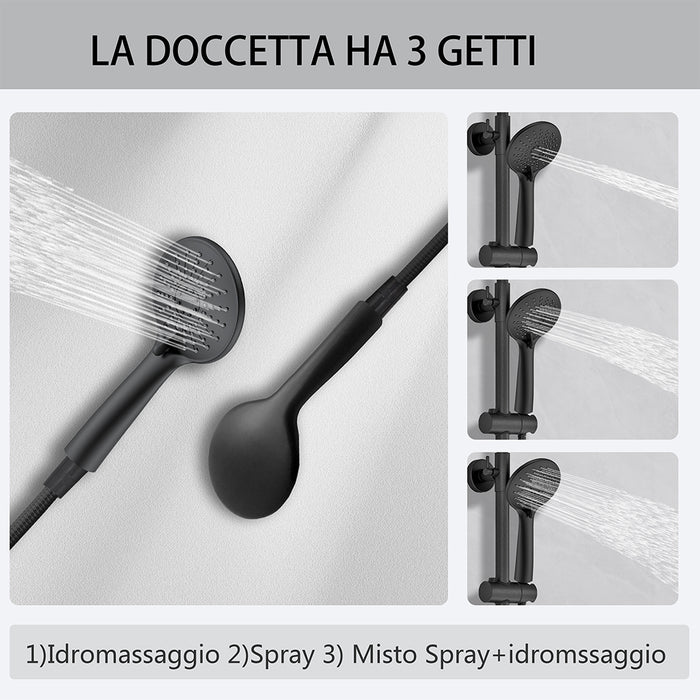 Kit doccia con miscelatore termostatico, soffione quadrato 20x20cm, doccetta tonda 23x10.8cm, colonna doccia regolabile 75-125cm, nero