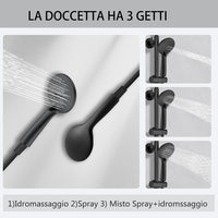 Kit doccia con miscelatore termostatico, soffione rotondo da 20cm, doccetta tonda 23x10.8cm, colonna doccia regolabile 75-125cm, nero