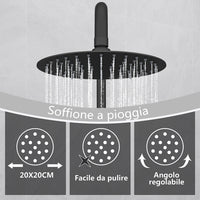 Kit doccia con miscelatore termostatico, soffione rotondo da 20cm, doccetta tonda 23x10.8cm, colonna doccia regolabile 75-125cm, nero