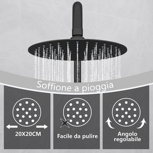 Kit doccia con miscelatore termostatico, soffione rotondo da 20cm, doccetta tonda 23x10.8cm, colonna doccia regolabile 75-125cm, nero