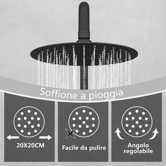 Kit doccia con miscelatore termostatico, soffione rotondo da 20cm, doccetta tonda 23x10.8cm, colonna doccia regolabile 75-125cm, nero