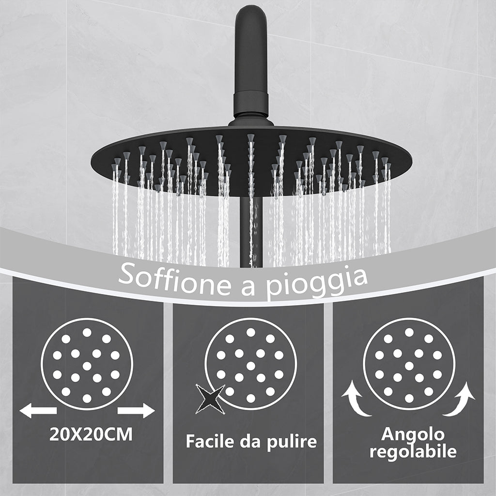 AICA Colonna Doccia con Miscelatore Termostatico, Set Doccia con Soffione Tondo 20cm e 108mm Doccetta Nero
