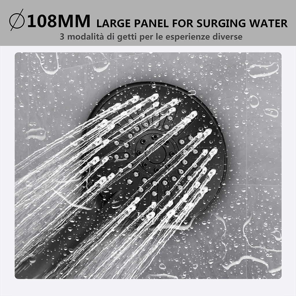 Kit doccia con miscelatore termostatico, soffione quadrato 20x20cm, doccetta tonda 23x10.8cm, colonna doccia regolabile 75-125cm, nero