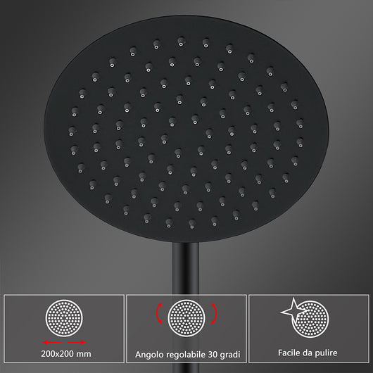 Colonne doccia nero, soffione doccia rotondo da 20cm acciaio inox, miscelatore termostatico doccia tondo antiscottature