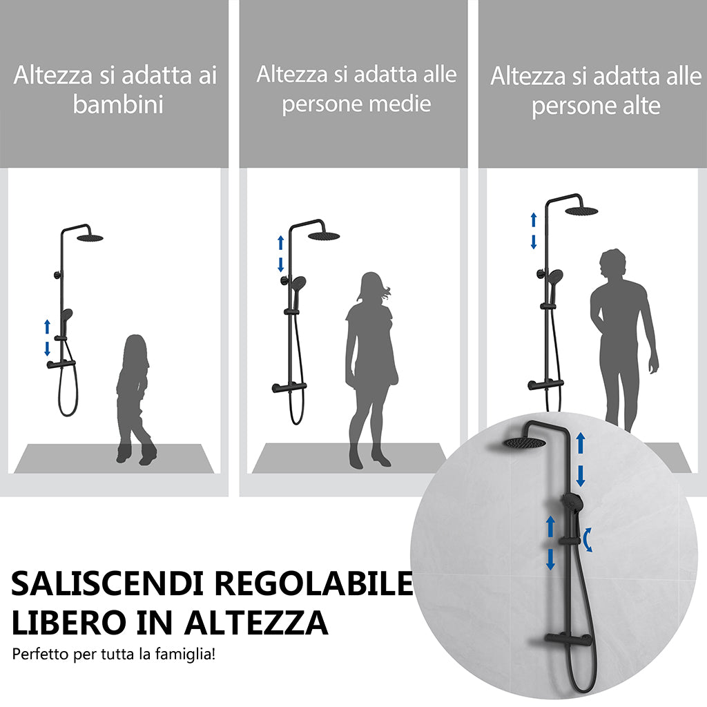 Kit doccia con miscelatore termostatico, soffione rotondo da 20cm, doccetta tonda 23x10.8cm, colonna doccia regolabile 75-125cm, nero