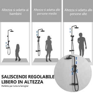 Kit doccia con miscelatore termostatico, soffione rotondo da 20cm, doccetta tonda 23x10.8cm, colonna doccia regolabile 75-125cm, nero