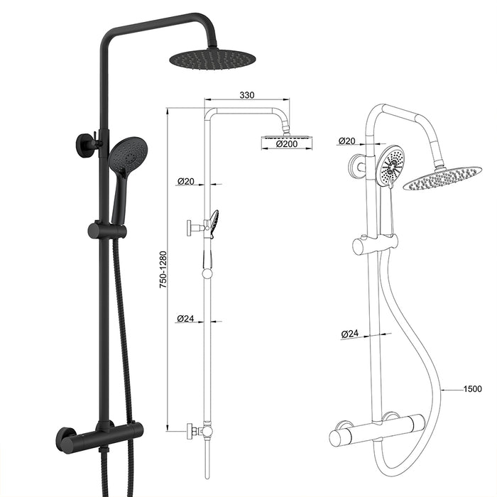 Colonna doccia con miscelatore termostatico, soffione doccia rotondo rotante 360°, nero