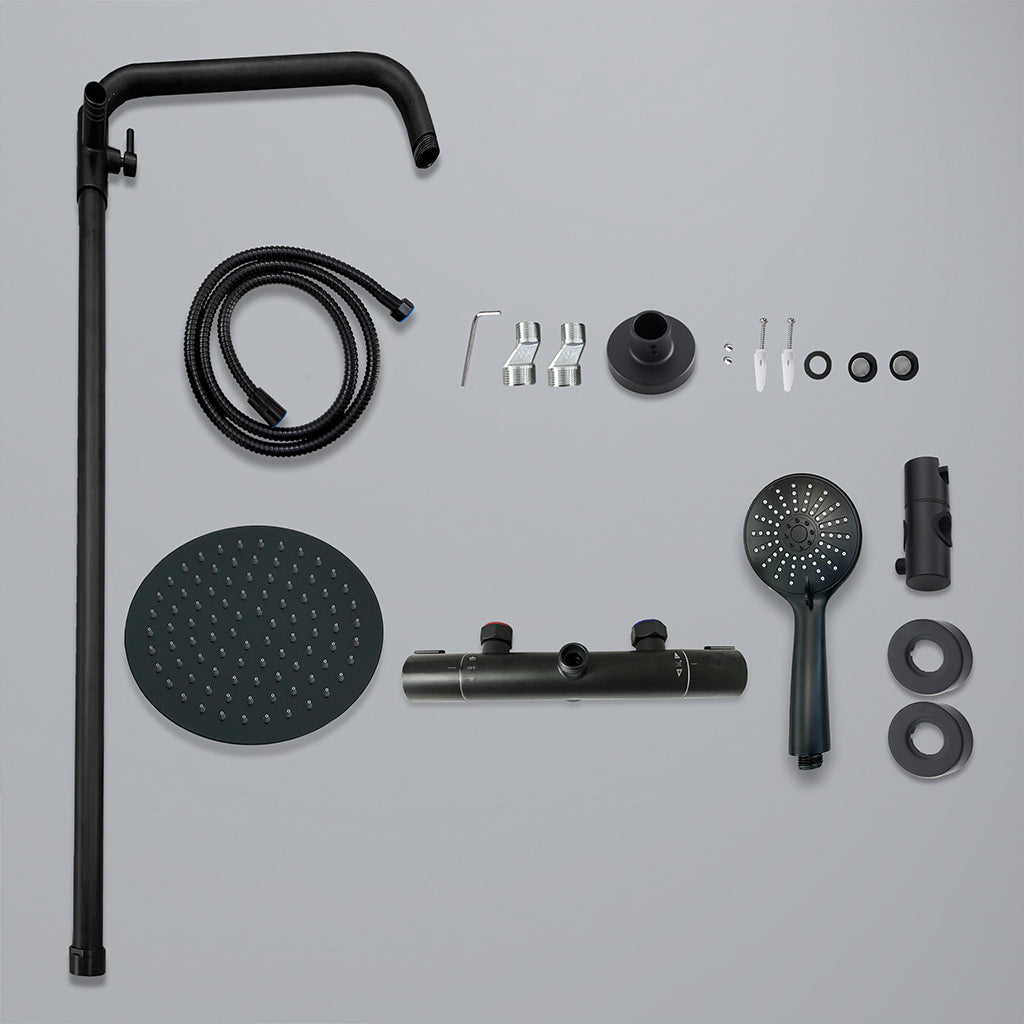 colonna doccia rotonda completo di miscelatore termostatico cilindro, soffione rotondo 20x20cm, nero