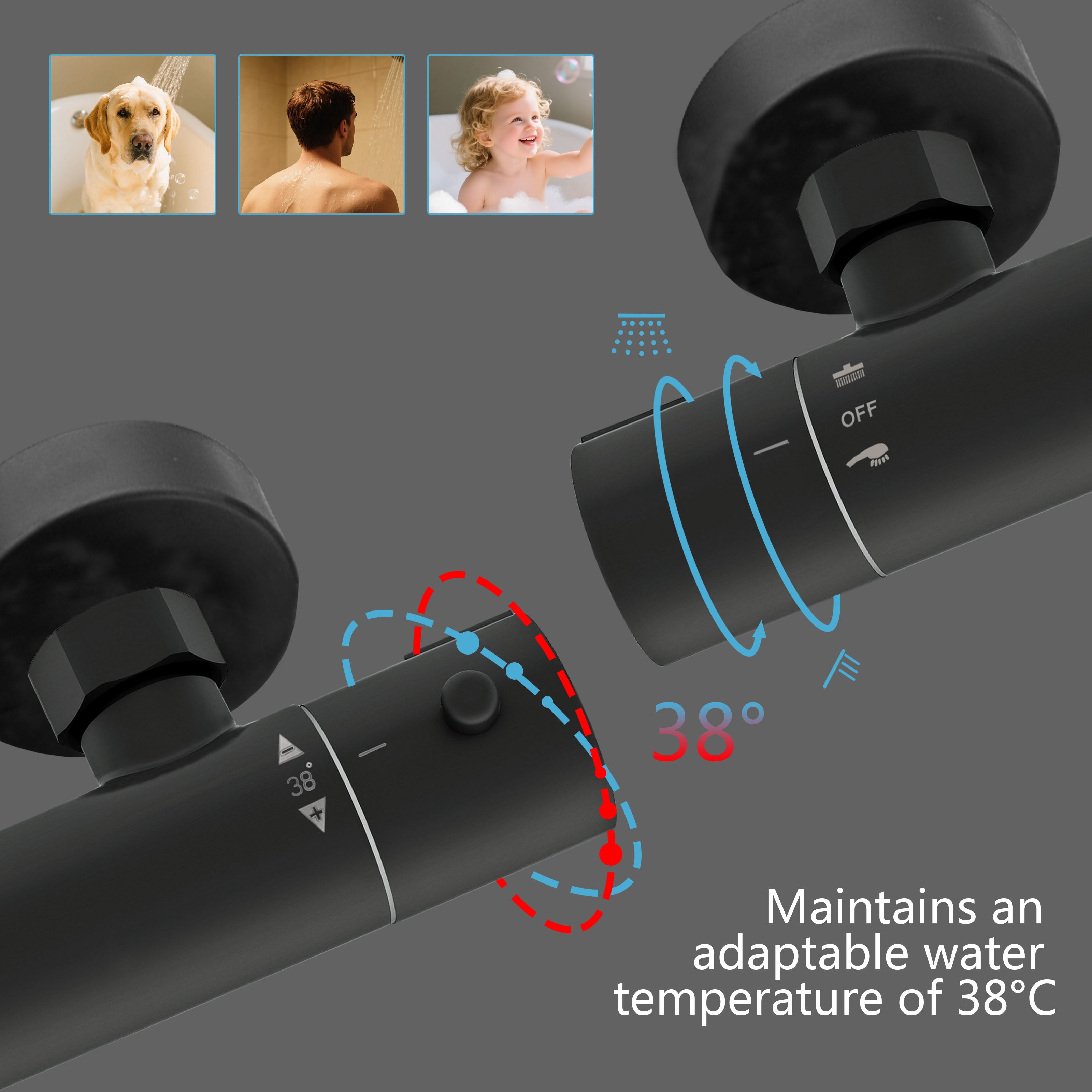 AICA Colonna doccia a ponte con soffione circolare 20x20cm, sistema doccia con miscelatore, nero opaco