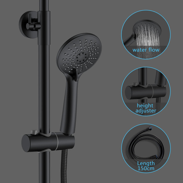 AICA Colonna doccia a ponte con soffione circolare 20x20cm, sistema doccia con miscelatore, nero opaco