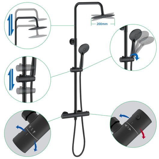 AICA Set Doccia Completo Nero con Soffione, Doccetta, Rubinetto e Saliscendi Tondi, Miscelatore Termostatico Doccia