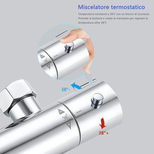 Colonna doccia termostatico finitura cromata, cartuccia in ottone, materiale inox AISI 304, rubinetteria bagno moderna