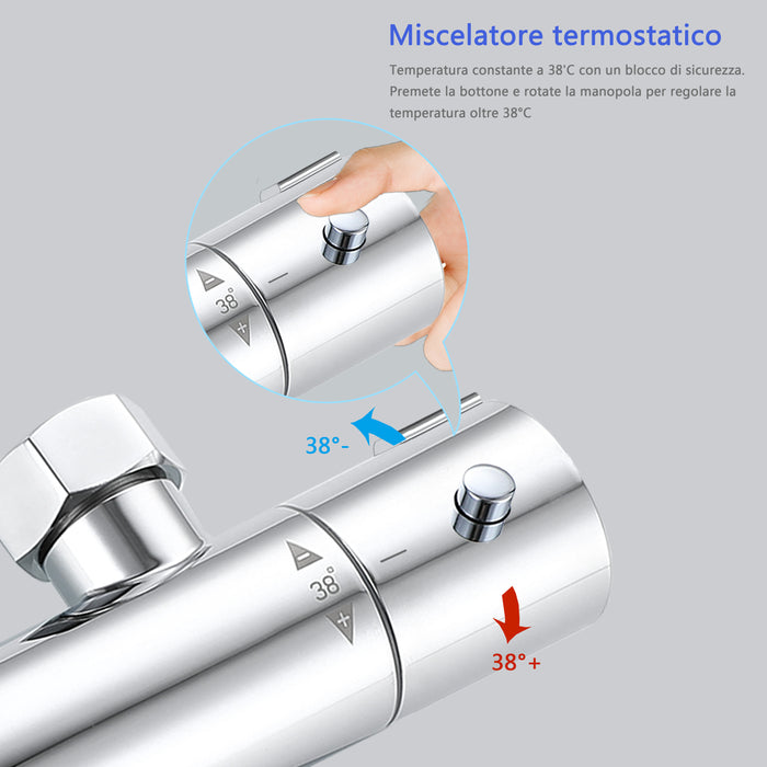 Colonna doccia termostatico finitura cromata, cartuccia in ottone, materiale inox AISI 304, rubinetteria bagno moderna