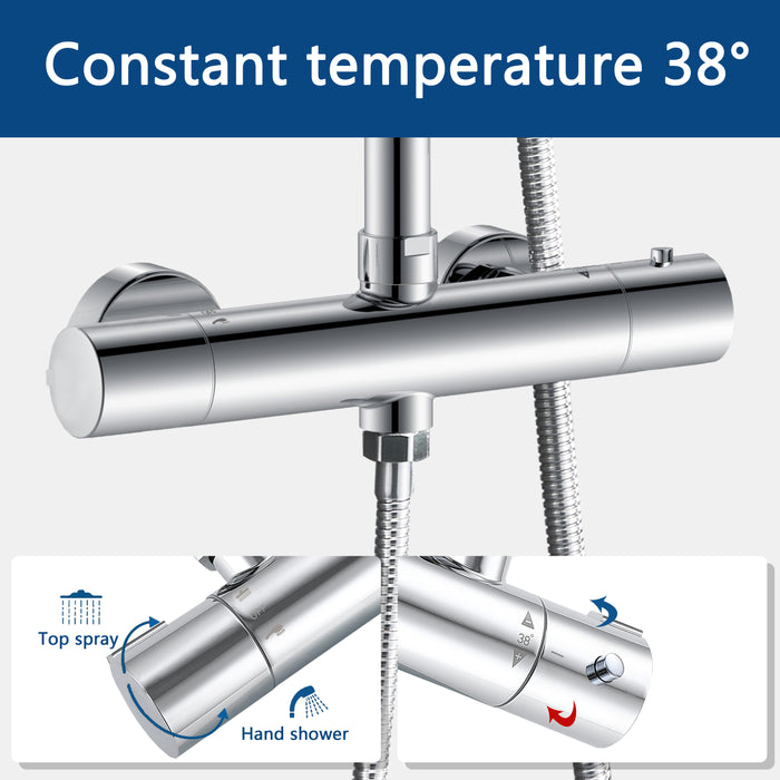 AICA Colonna doccia con miscelatore termostatico, rubinetto doccia cilindro 28x4cm, soffione doccia rotondo 25x25cm in acciaio inox cromato