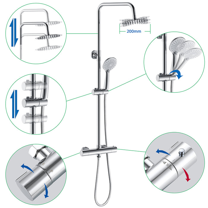 AICA ITALY Sistema Doccia con Miscelatore Termostatico a 38℃ e Soffione Tondo Altezza Regolabile 735-117cm Cromo