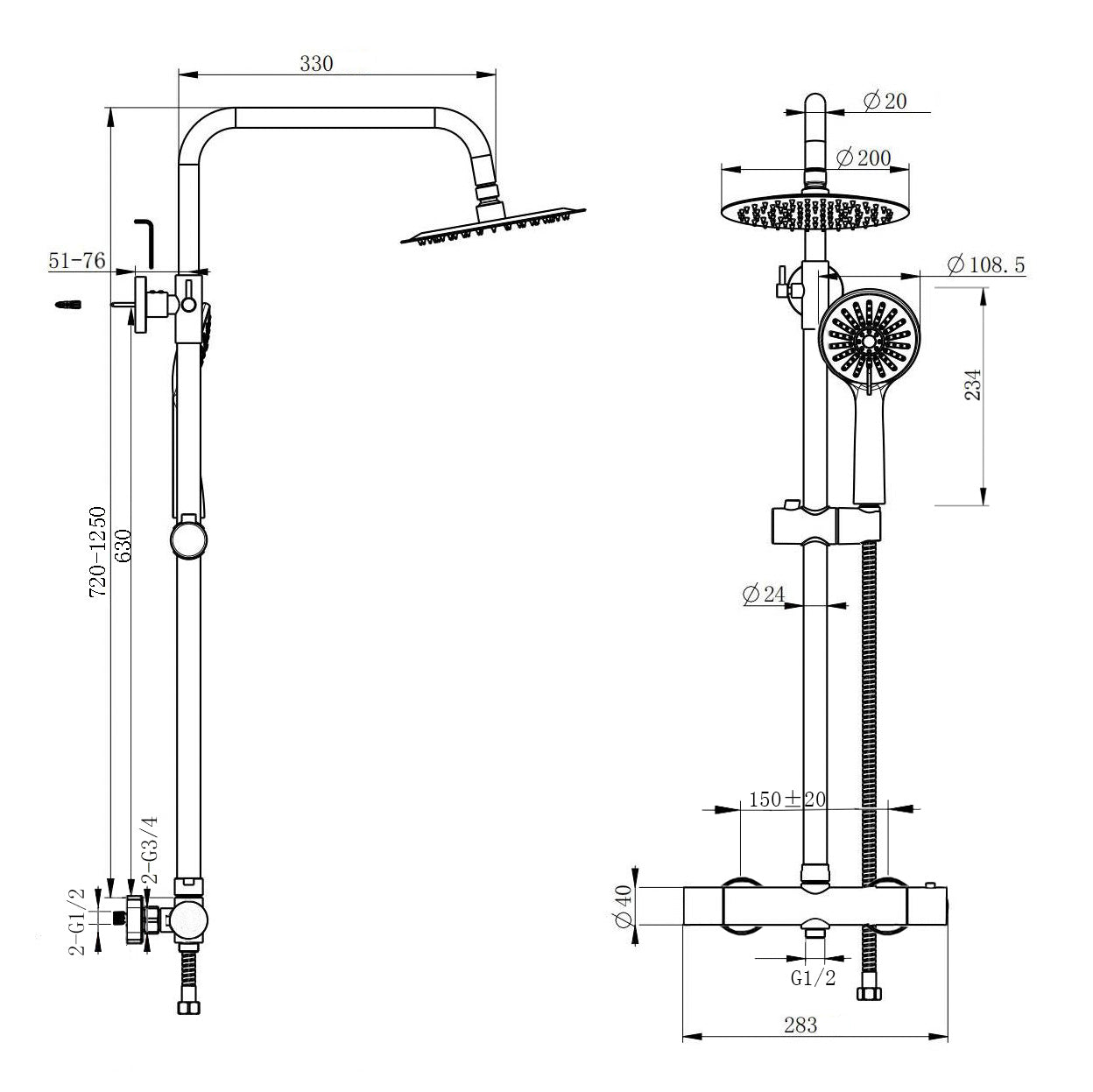 AICA Colonna doccia a ponte con soffione circolare 20x20cm, sistema doccia con miscelatore, cromato lucido