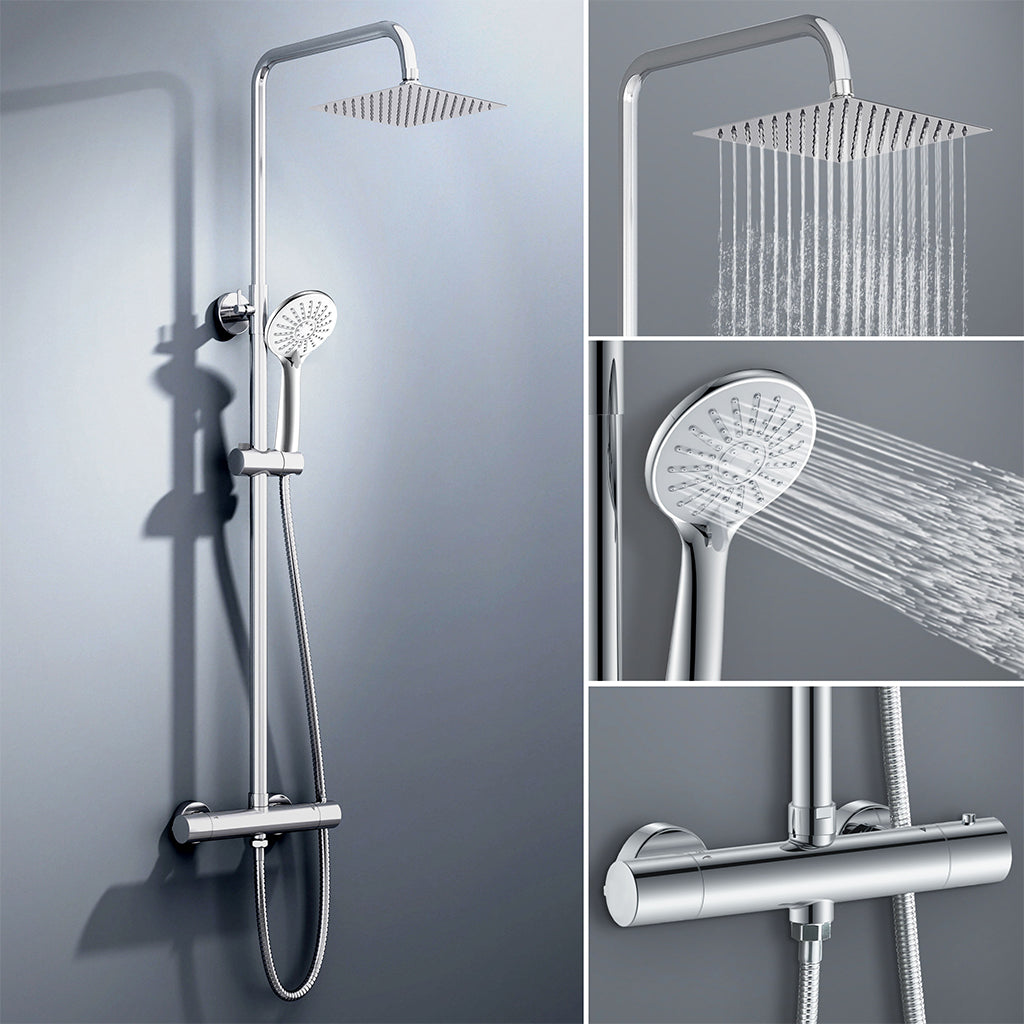 colonna doccia rotonda completo di miscelatore termostatico cilindro, soffione quadrato 20x20cm, cromo