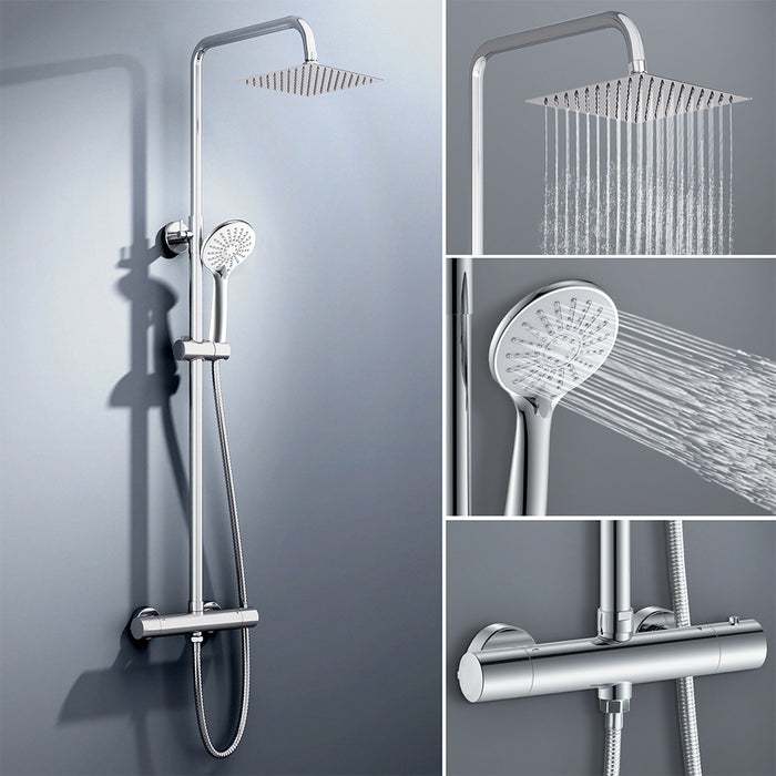 colonna doccia rotonda completo di miscelatore termostatico cilindro, soffione quadrato 20x20cm, cromo