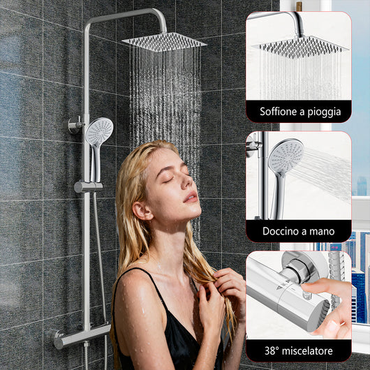 Colonne doccia cromo, soffione doccia quadrato 20x20cm acciaio inox, miscelatore termostatico doccia tondo antiscottature