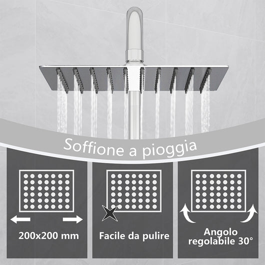 Kit doccia con miscelatore termostatico, soffione quadrato 20x20cm, doccetta tonda 23x10.8cm, colonna doccia regolabile 75-125cm, cromo