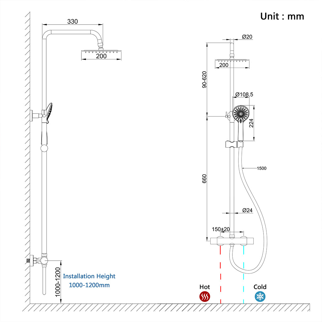 colonna doccia rotonda completo di miscelatore termostatico cilindro, soffione quadrato 20x20cm, cromo