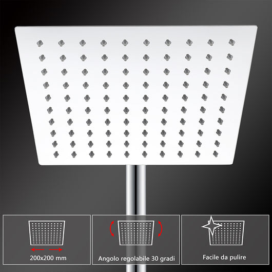Colonne doccia cromo, soffione doccia quadrato 20x20cm acciaio inox, saliscendi doccia tondo regolabile 75-125cm