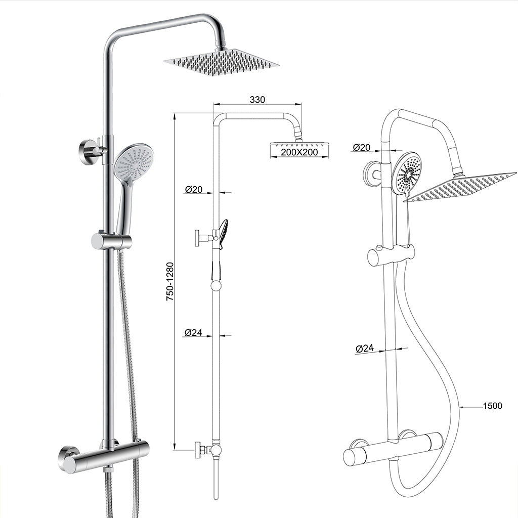 Colonna doccia con miscelatore termostatico, doccino rotondo 230x108mm con 3 modalità di getti, cromo