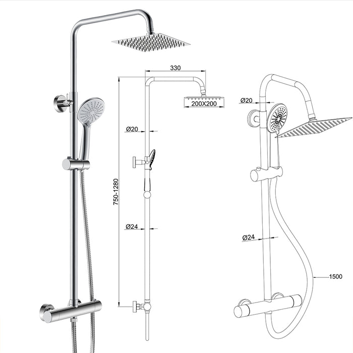 Colonna doccia con miscelatore termostatico, doccino rotondo 230x108mm con 3 modalità di getti, cromo