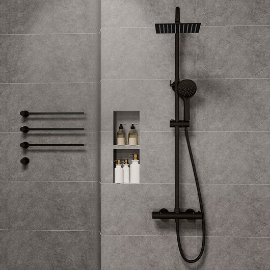 Colonne doccia nero, soffione doccia quadrato 20x20cm acciaio inox, miscelatore termostatico doccia tondo antiscottature