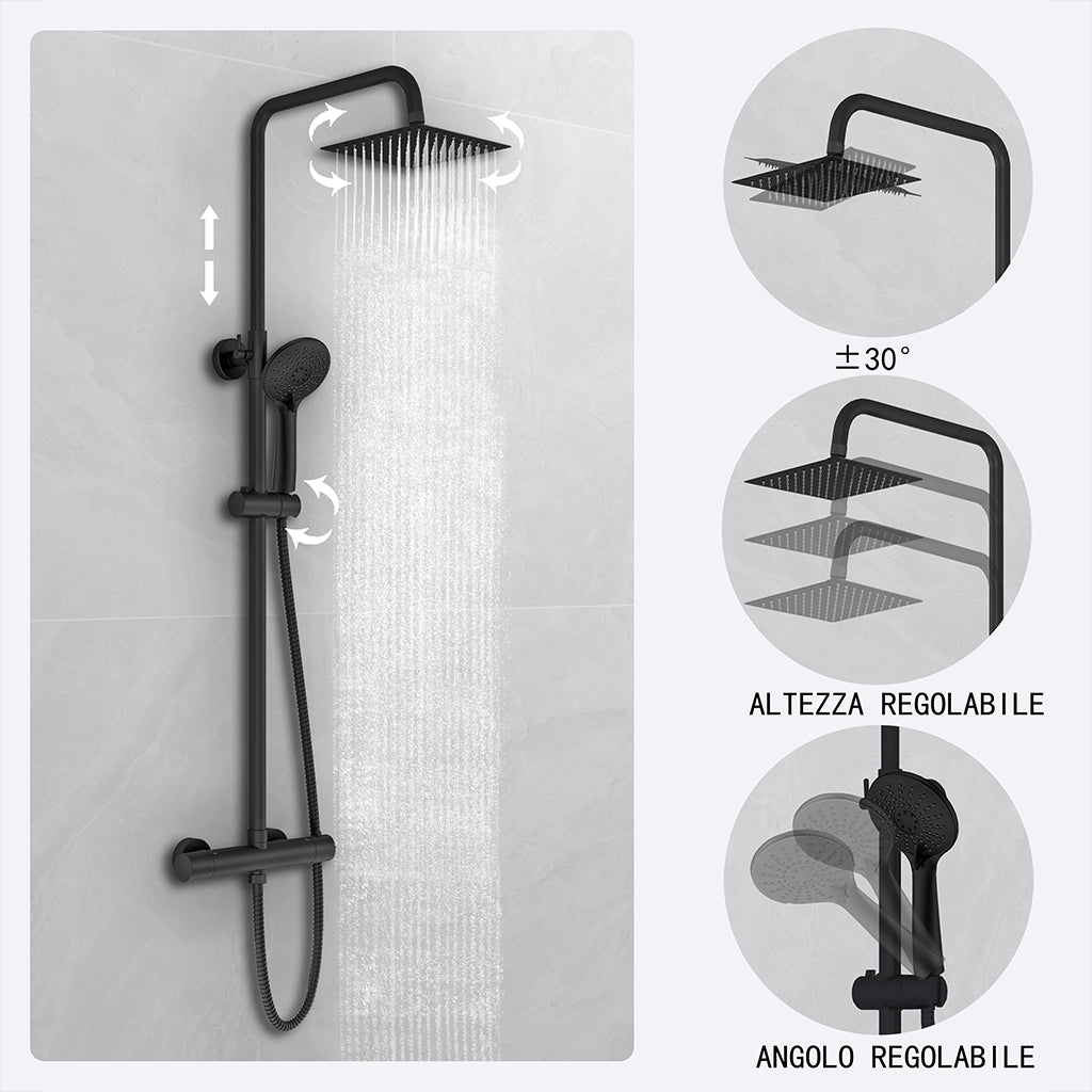 Kit doccia con miscelatore termostatico, soffione quadrato 20x20cm, doccetta tonda 23x10.8cm, colonna doccia regolabile 75-125cm, nero