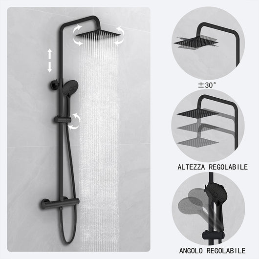 Kit doccia con miscelatore termostatico, soffione quadrato 20x20cm, doccetta tonda 23x10.8cm, colonna doccia regolabile 75-125cm, nero