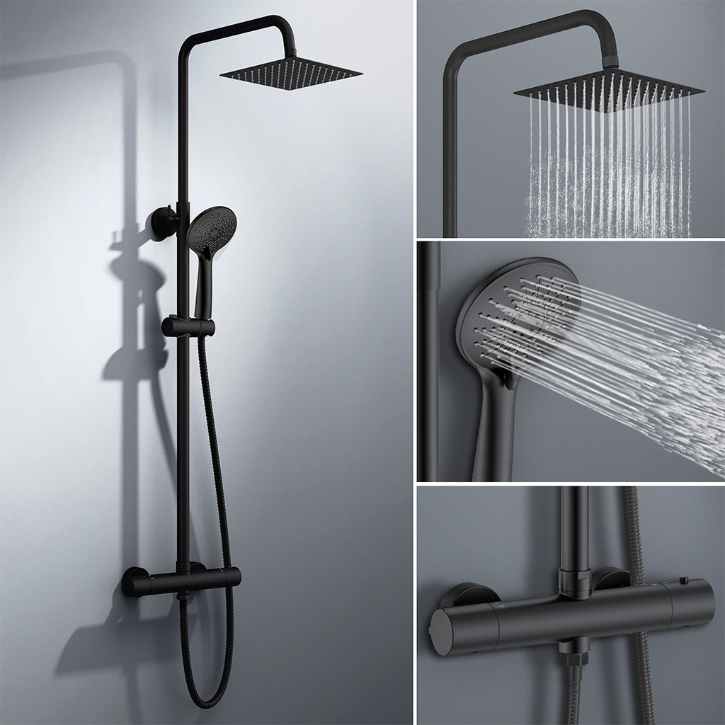 colonna doccia rotonda completo di miscelatore termostatico cilindro, soffione quadrato 20x20cm, nero