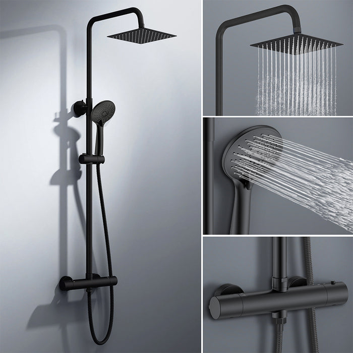 colonna doccia rotonda completo di miscelatore termostatico cilindro, soffione quadrato 20x20cm, nero