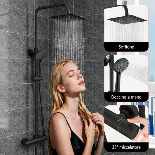 Colonne doccia nero, soffione doccia quadrato 20x20cm acciaio inox, miscelatore termostatico doccia tondo antiscottature
