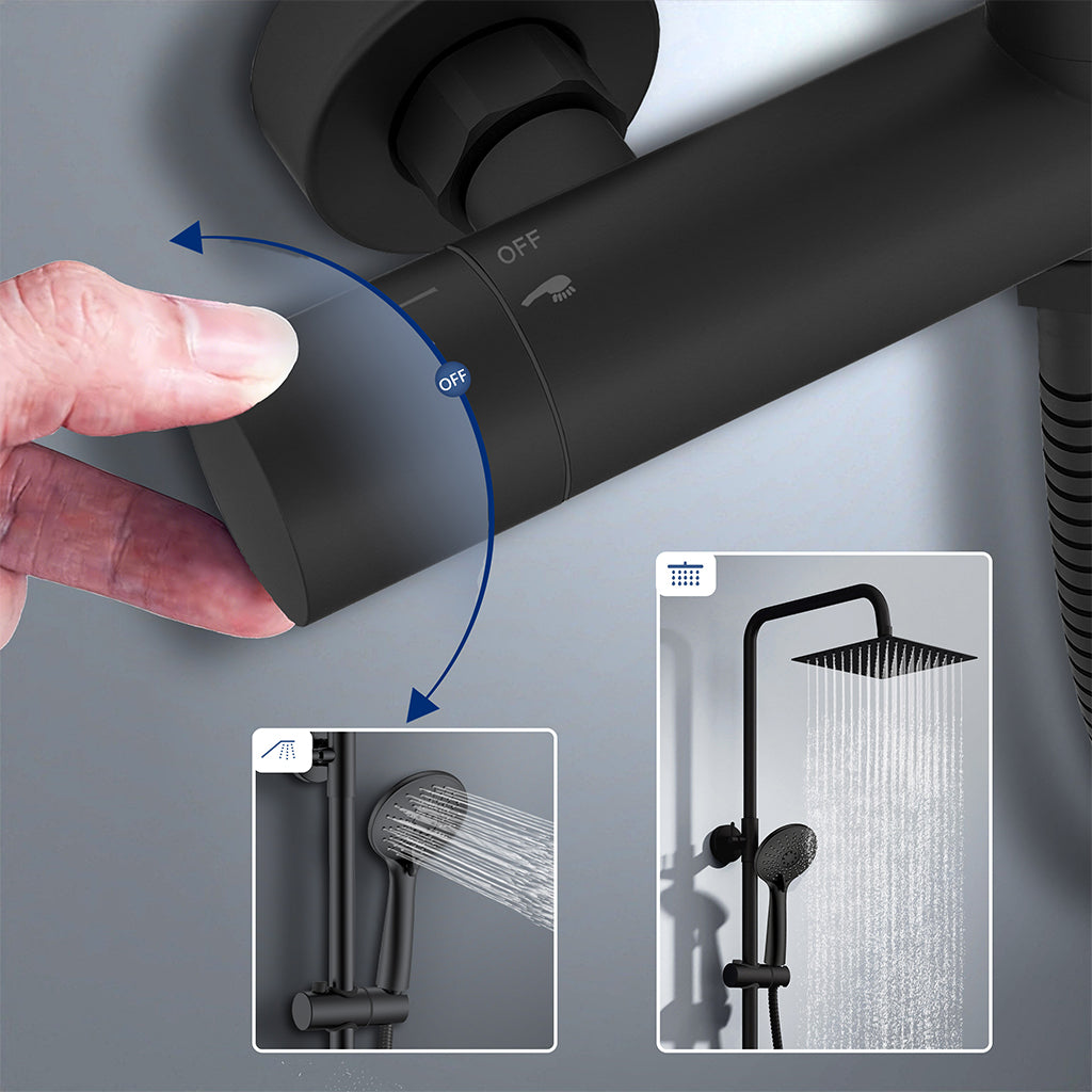 colonna doccia rotonda completo di miscelatore termostatico cilindro, soffione quadrato 20x20cm, nero
