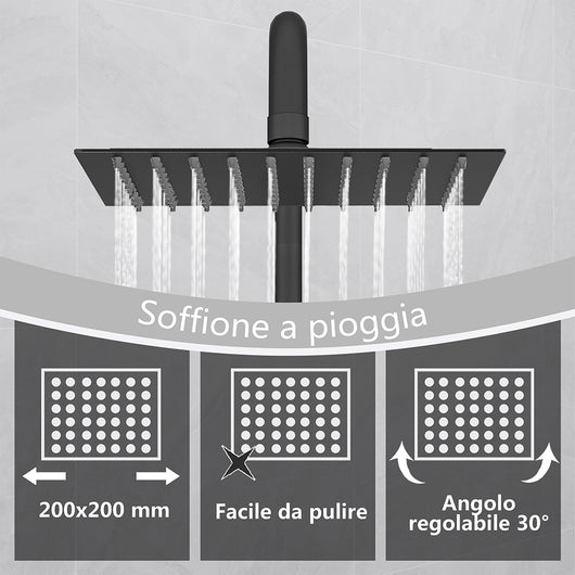 Kit doccia con miscelatore termostatico, soffione quadrato 20x20cm, doccetta tonda 23x10.8cm, colonna doccia regolabile 75-125cm, nero