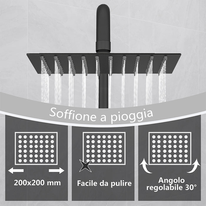 Kit doccia con miscelatore termostatico, soffione quadrato 20x20cm, doccetta tonda 23x10.8cm, colonna doccia regolabile 75-125cm, nero