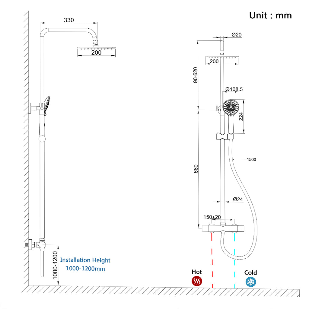 colonna doccia rotonda completo di miscelatore termostatico cilindro, soffione quadrato 20x20cm, nero