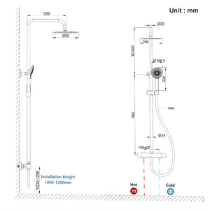 colonna doccia rotonda completo di miscelatore termostatico cilindro, soffione quadrato 20x20cm, nero