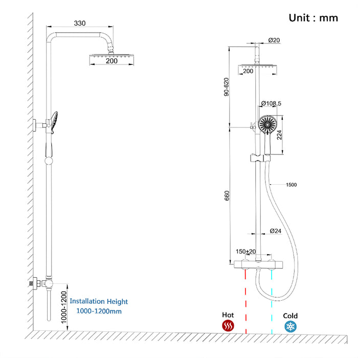 colonna doccia rotonda completo di miscelatore termostatico cilindro, soffione quadrato 20x20cm, nero