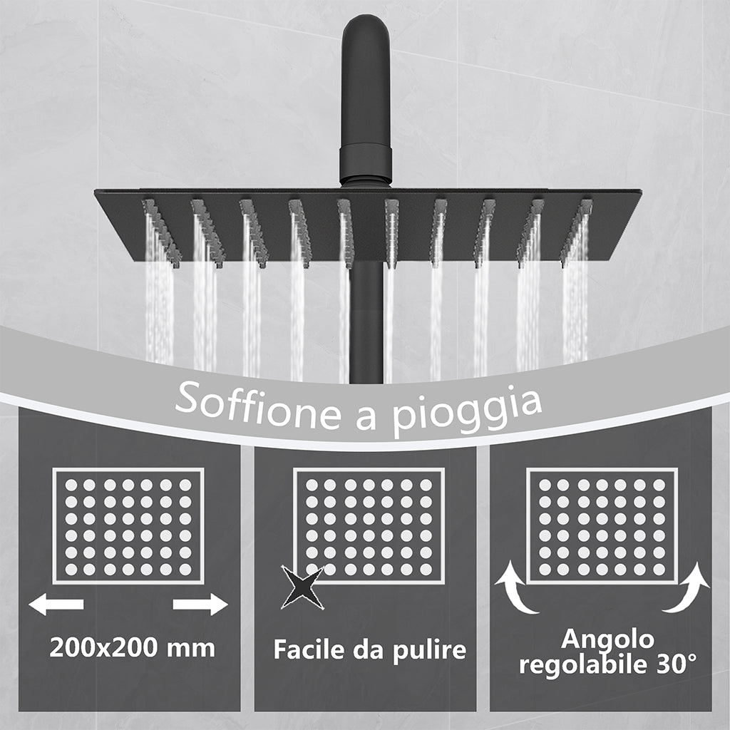 Kit doccia con miscelatore termostatico, soffione quadrato 20x20cm, doccetta quadrata 22x6.4cm, colonna doccia regolabile 75-125cm, nero