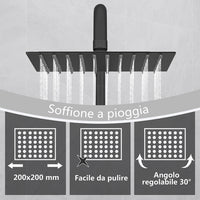 Kit doccia con miscelatore termostatico, soffione quadrato 20x20cm, doccetta quadrata 22x6.4cm, colonna doccia regolabile 75-125cm, nero