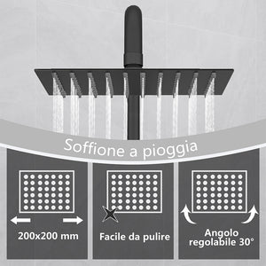 Kit doccia con miscelatore termostatico, soffione quadrato 20x20cm, doccetta quadrata 22x6.4cm, colonna doccia regolabile 75-125cm, nero